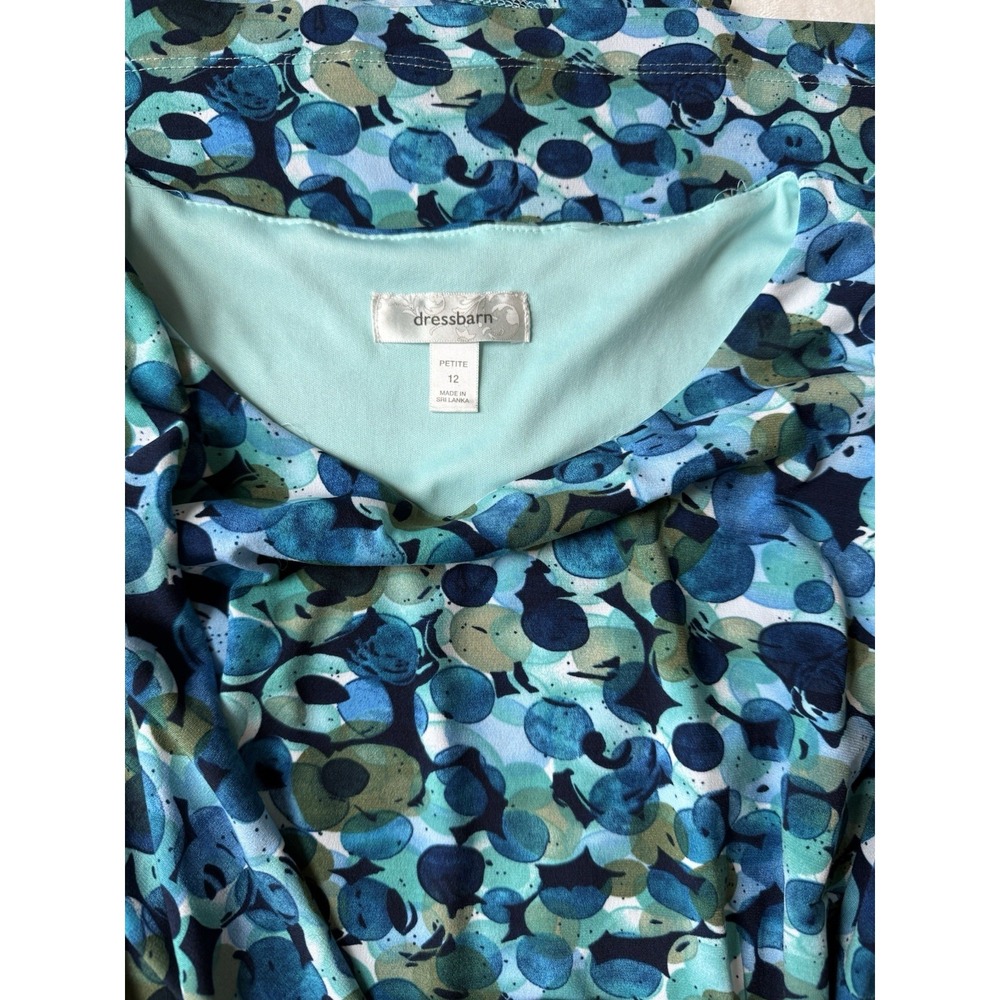 Dress Barn Women's Petite 12 Blue Bubble Ruched Waist Faux Wrap Stretch Dress‎ - Picture 2 of 9